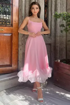 Ayarlanabilir İp Askılı Eteği Tüllü Abiye Elbise Gece Kıyafeti Şeker Pembe