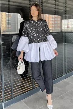 Balon Kol Garnili Taşlanmış Tunik Pantolon Jeans İkili Takım Siyah
