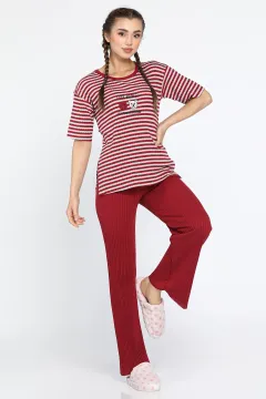 Baskılı Fitilli Kısa Kollu Pijama Takımı Bordo