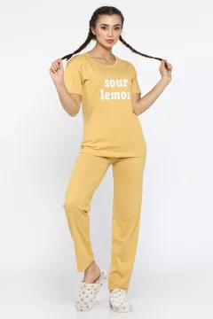 Baskılı Kısa Kollu Pijama Takımı Hardal