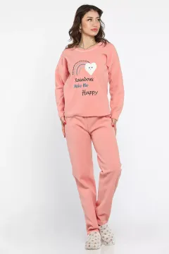 Baskılı Polar Kadın Pijama Takımı Pembe