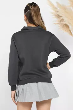 Bebe Yaka Yarım Fermuarlı Şardonlu Üç İplik Sweatshirt Füme