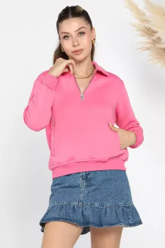 Bebe Yaka Yarım Fermuarlı Şardonlu Üç İplik Sweatshirt Pembe