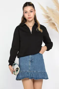 Bebe Yaka Yarım Fermuarlı Şardonlu Üç İplik Sweatshirt Siyah