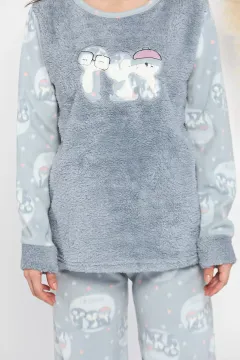 Bisiklet Yaka Desenli Kadın Polar Pijama Takımı Gri