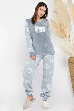 Bisiklet Yaka Desenli Kadın Polar Pijama Takımı Gri