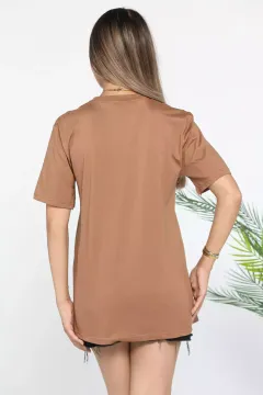 Bisiklet Yaka Love Baskılı Taşlı Kadın Tişört Kahve