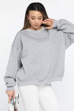 Bisiklet Yaka Oversize Kadın Sweatshirt Gri