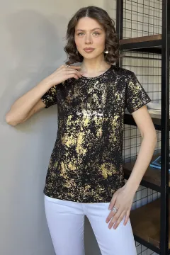Bisiklet Yaka Varak Baskılı Kadın Tişört Siyah