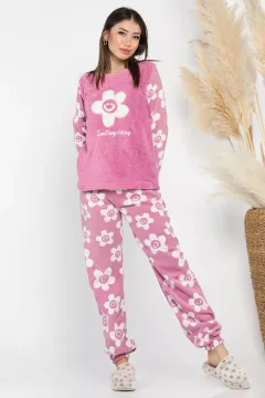 Çiçek Desenli Kadın Polar Pijama Takımı Açıklila