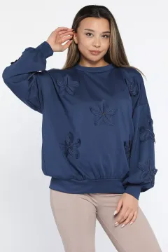 Çiçek Motifli Kadın Sweatshirt Lacivert