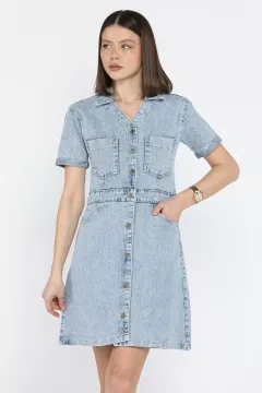 Çift Cepli Bel Kuşak Detaylı Jean Kot Elbise Mavi