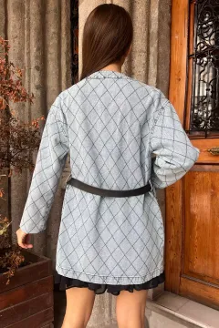 Çift Cepli Kemer Aksesuarlı Taşlı Kadın Jean Kot Ceket Buzmavisi