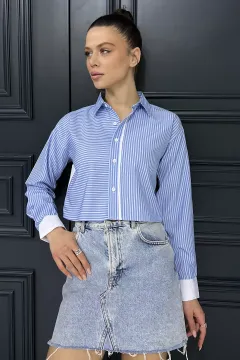 Çizgili Kadın Crop Top Gömlek Mavi