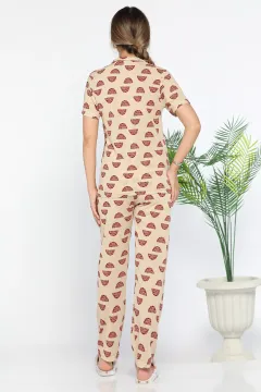 Desenli Kadın Pijama Takımı Bej