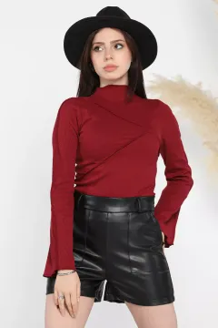 Dik Yaka Fitilli Kadın Crop Top Bluz Bordo