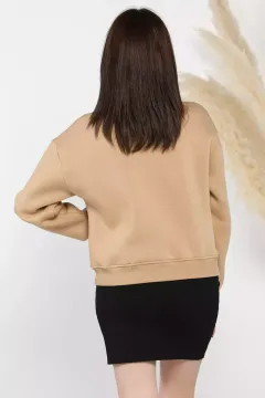 Dik Yaka Yarım Fermuarlı Şardonlu Kadın Sweatshirt Bisküvi