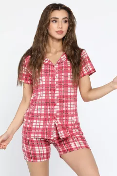 Ekose Desenli Şortlu Pijama Takımı Kırmızı