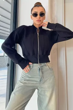 Fermuarlı Crop Top Sweatshirt Siyah