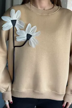 Gül Detaylı Şardonlu Sweatshirt Bisküvi