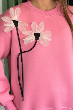 Gül Detaylı Şardonlu Sweatshirt Pembe