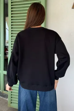 Gül Detaylı Şardonlu Sweatshirt Siyah