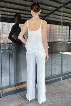 İp Askılı Keten Bluz Pantolon İkili Takım Krem