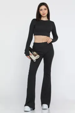 İspanyol Paça Pantolon Crop Top Bluz Yün Kaşkorse İkili Takım K.antrasit