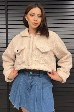 Kadın Astarlı Peluş Crop Top Ceket Taş