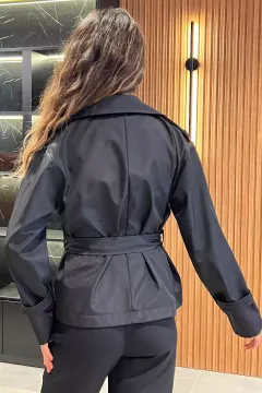 Kadın Bel Kuşaklı Kısa Trençkot Siyah