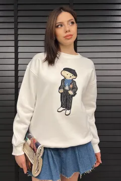 Kadın Bisiklet Yaka Aplikeli Sweatshirt (aplike Ayılar Farklı Gelebilir) Beyaz