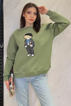 Kadın Bisiklet Yaka Aplikeli Sweatshirt (aplike Ayılar Farklı Gelebilir) Haki