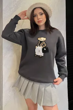 Kadın Bisiklet Yaka Aplikeli Sweatshirt (aplike Ayılar Farklı Gelebilir) Füme