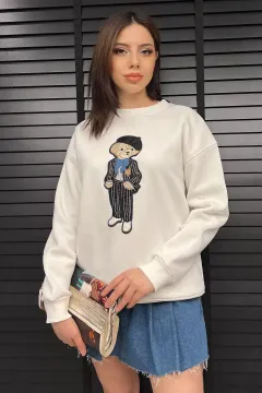 Kadın Bisiklet Yaka Aplikeli Sweatshirt (aplike Ayılar Farklı Gelebilir) Beyaz