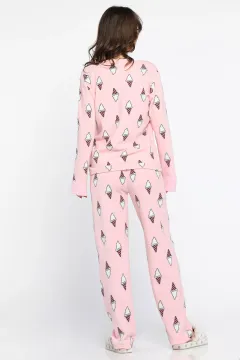 Kadın Bisiklet Yaka Desenli Polar Pijama Takımı Pembe