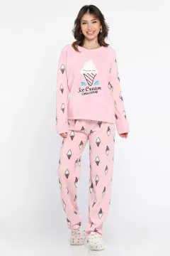 Kadın Bisiklet Yaka Desenli Polar Pijama Takımı Pembe