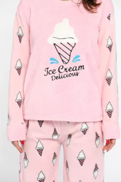 Kadın Bisiklet Yaka Desenli Polar Pijama Takımı Pembe