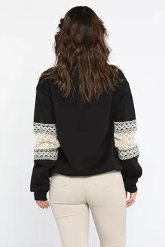 Kadın Bisiklet Yaka Kol Detaylı Şardonlu Sweatshirt Siyah