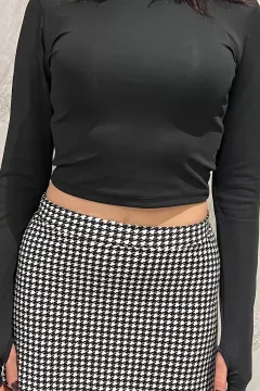 Kadın Bisiklet Yaka Kolu Pencereli Crop Top Bluz Siyah