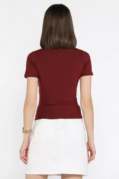 Kadın Bisiklet Yaka Likralı Modal Kumaş Crop Top Bluz Bordo