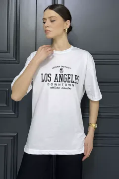 Kadın Bisiklet Yaka Los Angeles Baskılı Salaş Tişört Beyaz