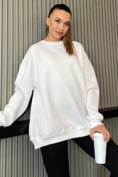 Kadın Bisiklet Yaka Şardonlu Üç İplik Oversize Sweatshirt Beyaz