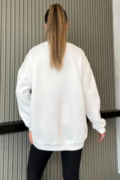 Kadın Bisiklet Yaka Şardonlu Üç İplik Oversize Sweatshirt Beyaz