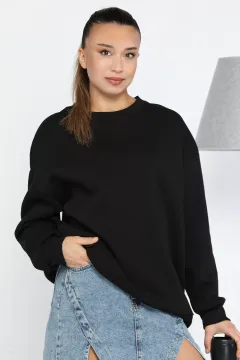 Kadın Bisiklet Yaka Şardonlu Üç İplik Oversize Sweatshirt Siyah