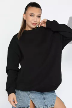 Kadın Bisiklet Yaka Şardonlu Üç İplik Oversize Sweatshirt Siyah