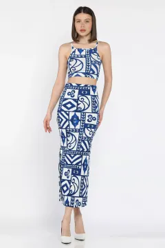 Kadın Desenli Crop Top Bluz Yırtmaçlı Etek Bürümcük İkili Takım Beyazsaksmavisi