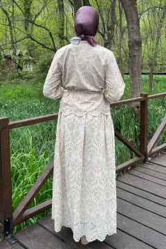 Kadın Fistolu Bel Bağlamalı Tunik Etek Tesettür İkili Takım Bej