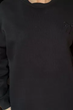 Kadın Fiyonk Nakışlı Şardonlu Sweatshirt Siyah