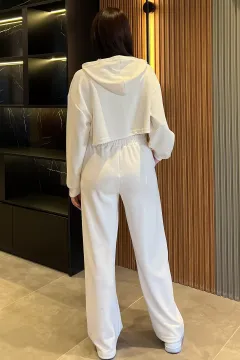 Kadın Kapüşonlu Fermuarlı Crop Top Pantolon İkili Takım Krem