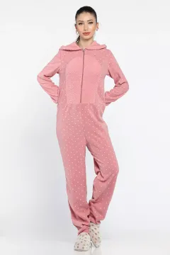 Kadın Kapüşonlu Polar Pijama Tulum Gülkurusu